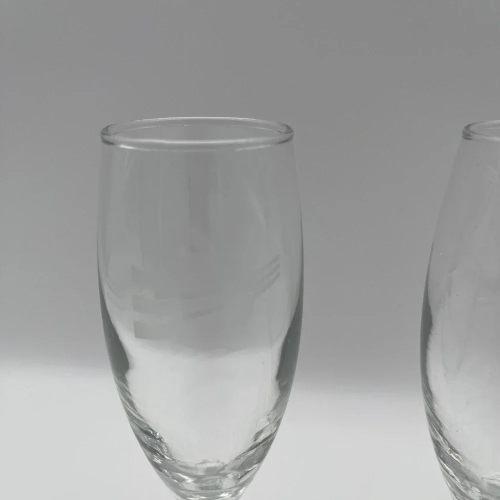 Pair of Etched Clear Glass Champagne Flutes w Faceted Hexagonal Stems Set of 2